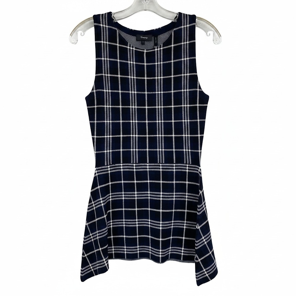 Theory Navy Plaid Knit Peplum Tank Top | Women’s XS